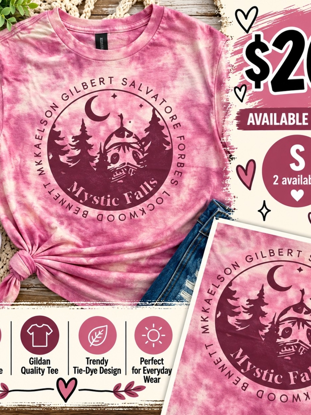 Gildan Pink Tie-Dye Mystic Falls Tee